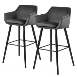 Mørteens Chaises de bar Nicholas III - Velours / Chêne massif - Noir - Gris foncé - Lot de 2