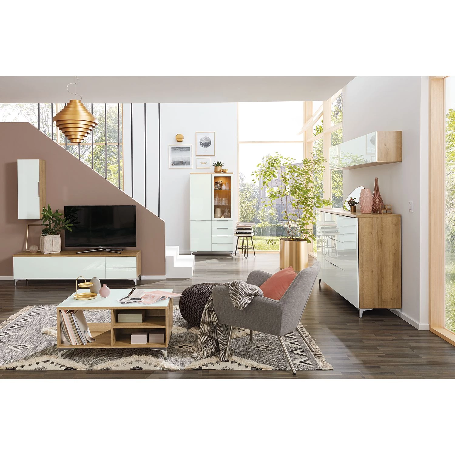 Maja Möbel Meuble murale Shino I - Verre blanc / Imitation chêne de Riviera - Largeur : 180 cm 2 Maja Möbel Meuble murale Shino I - Verre blanc / Imitation chêne de Riviera - Largeur : 180 cm – Image 2