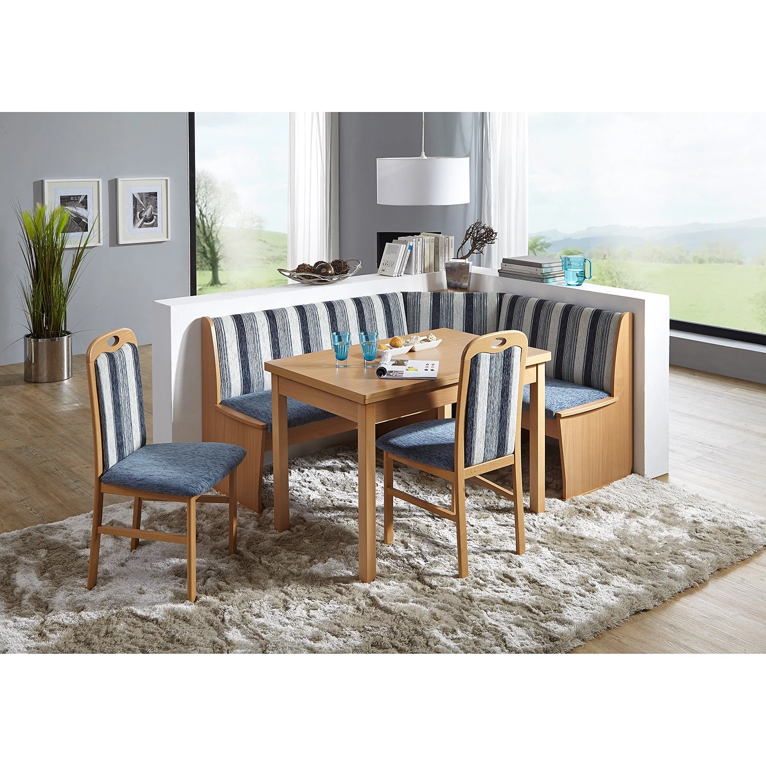 Schösswender Salle à manger Hamburg I (4 éléments) - Tissu / Partiellement en hêtre massif - Rayé bleu / Hêtre 1 Schösswender Salle à manger Hamburg I (4 éléments) - Tissu / Partiellement en hêtre massif - Rayé bleu / Hêtre