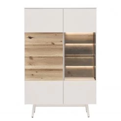 GWINNER Buffet haut Misano - Placage en bois véritable - Gris Sahara / Planches de chêne - Blanc / Chêne sauvage - Porte en verre à droite - Avec éclairage