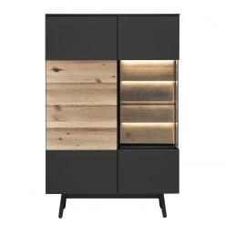 GWINNER Buffet haut Misano - Placage en bois véritable - Gris Sahara / Planches de chêne - Anthracite / Chêne sauvage - Porte en verre à droite - Avec éclairage