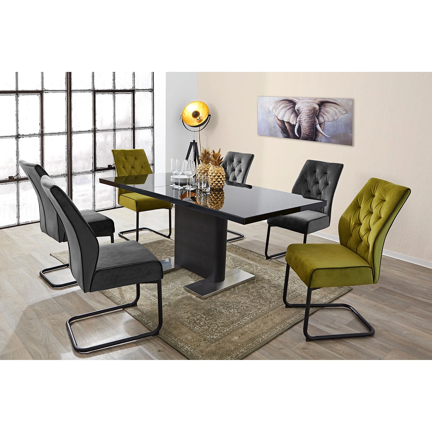 Loftscape Table Rosnay - (extensible) - MDF (panneau de fibres à densité moyenne) & verre / Acier inoxydable - Noir & imitation peau de serpent anthracite / acier inoxydable 4 Loftscape Table Rosnay - (extensible) - MDF (panneau de fibres à densité moyenne) & verre / Acier inoxydable - Noir & imitation peau de serpent anthracite / acier inoxydable – Image 4