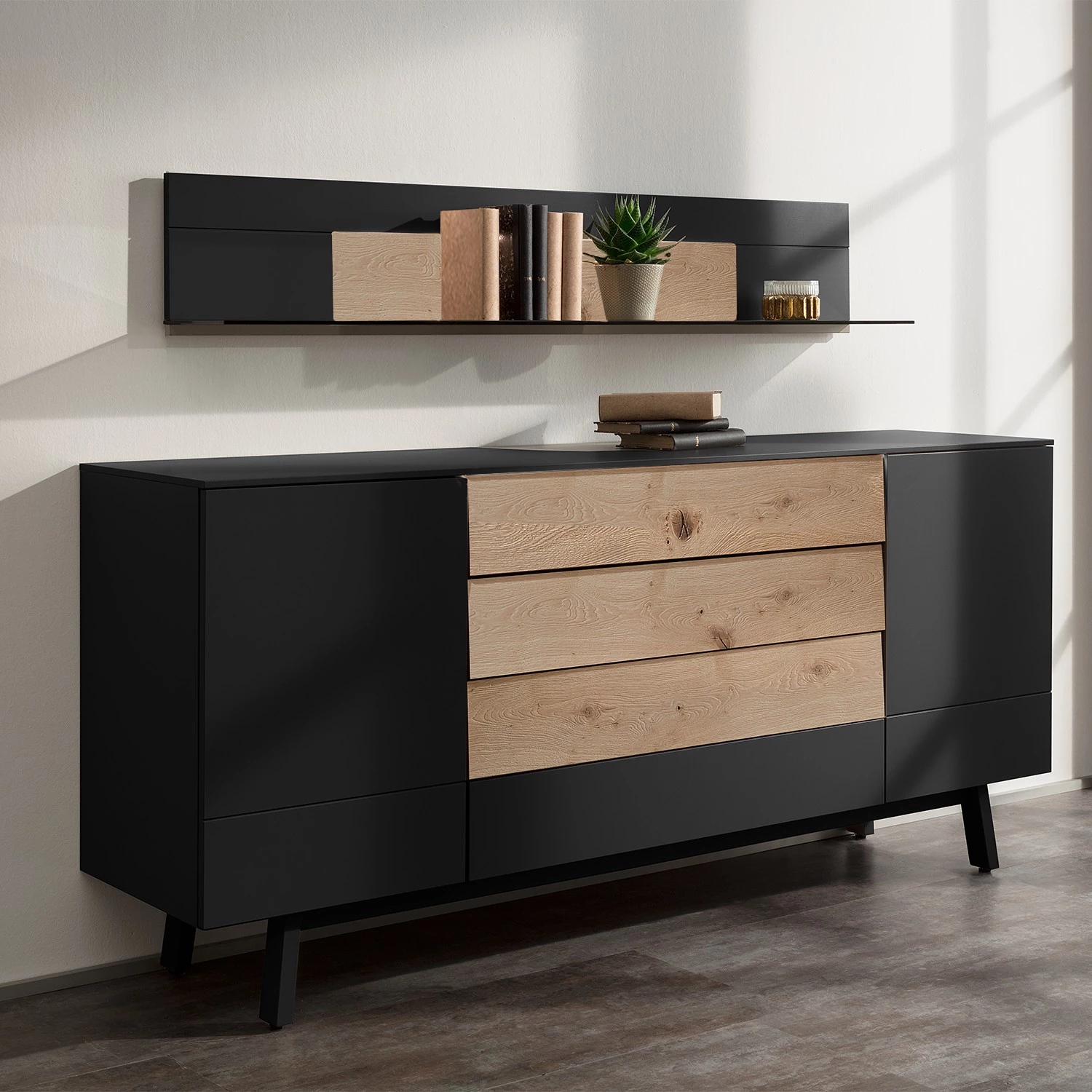 GWINNER Tablette murale Misano - Placage en bois véritable / Verre - Planches de chêne / Gris - Anthracite / Chêne sauvage - Sans éclairage 2 GWINNER Tablette murale Misano - Placage en bois véritable / Verre - Planches de chêne / Gris - Anthracite / Chêne sauvage - Sans éclairage – Image 2