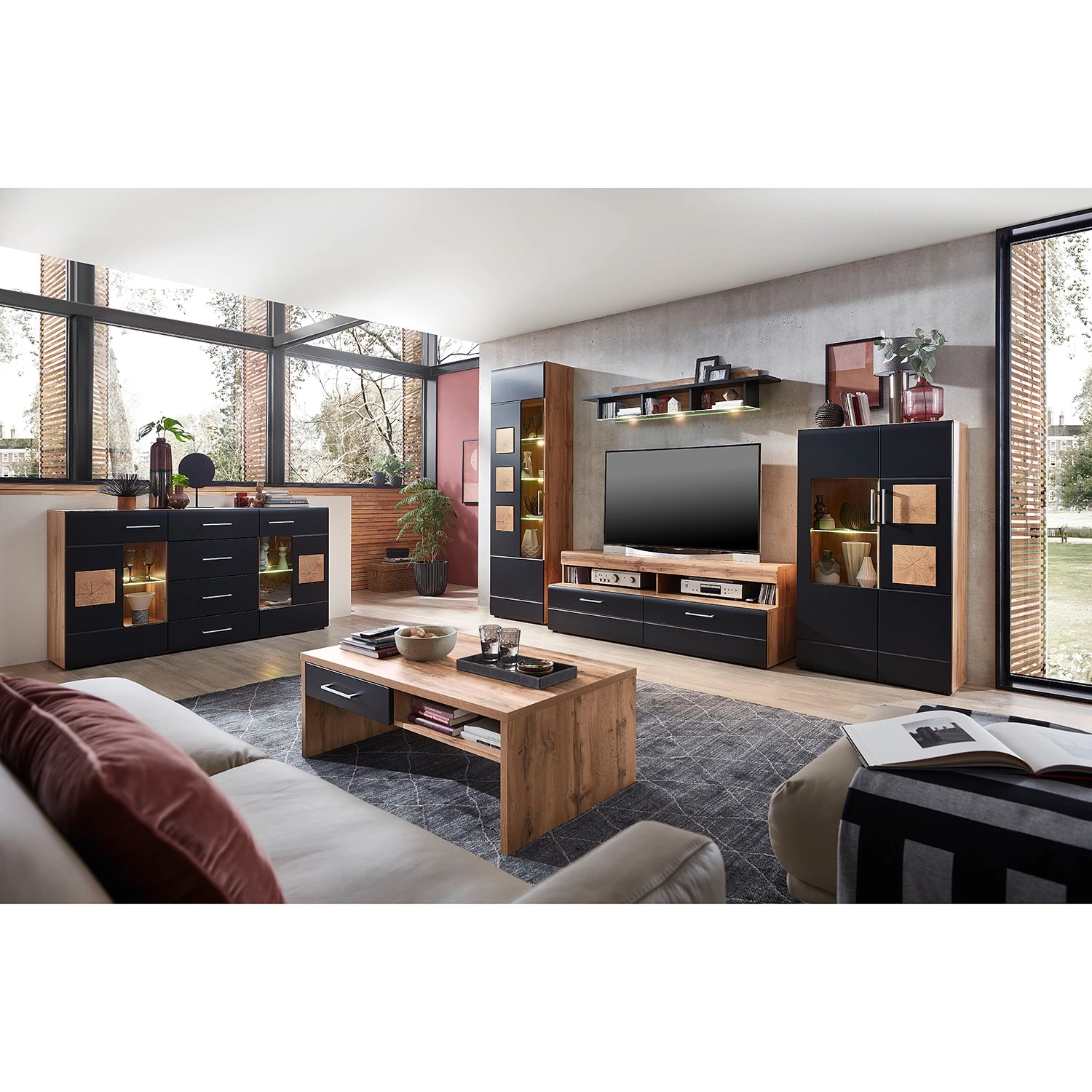 Loftscape Buffet Belloc - Avec éclairage - Noir mat / Imitation chêne 3 Loftscape Buffet Belloc - Avec éclairage - Noir mat / Imitation chêne – Image 3