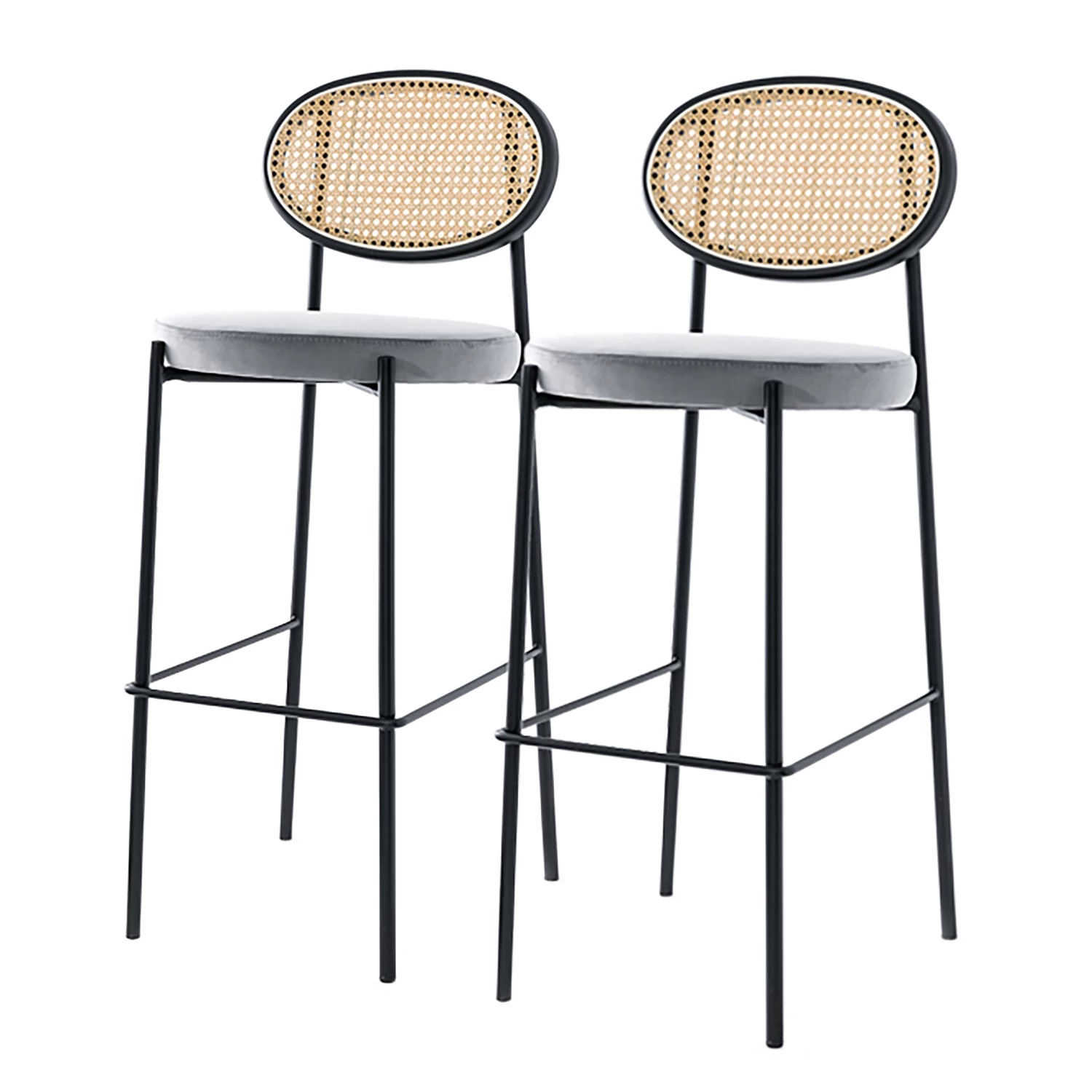 Studio Copenhagen Chaises de bar Davie (lot de 2) - Rotin et tissu / Métal - Gris clair 1 Studio Copenhagen Chaises de bar Davie (lot de 2) - Rotin et tissu / Métal - Gris clair