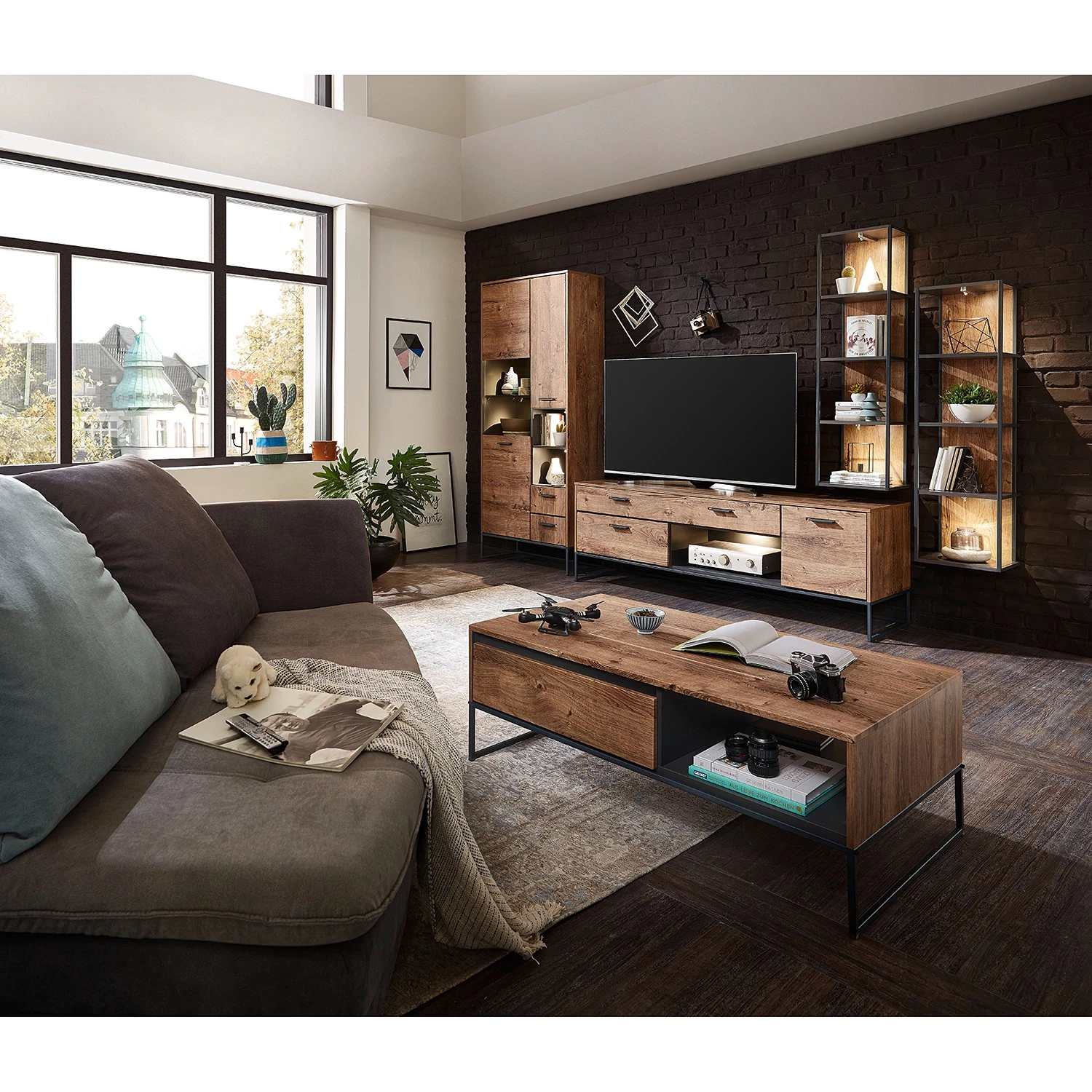 Red Living Vitrine Meevoo - Imitation chêne rustique / Graphite 2 Red Living Vitrine Meevoo - Imitation chêne rustique / Graphite – Image 2