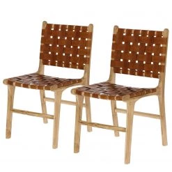 Maison Belfort Chaises Charles (lot de 2) - Cuir / Teck massif - Cognac / Teck