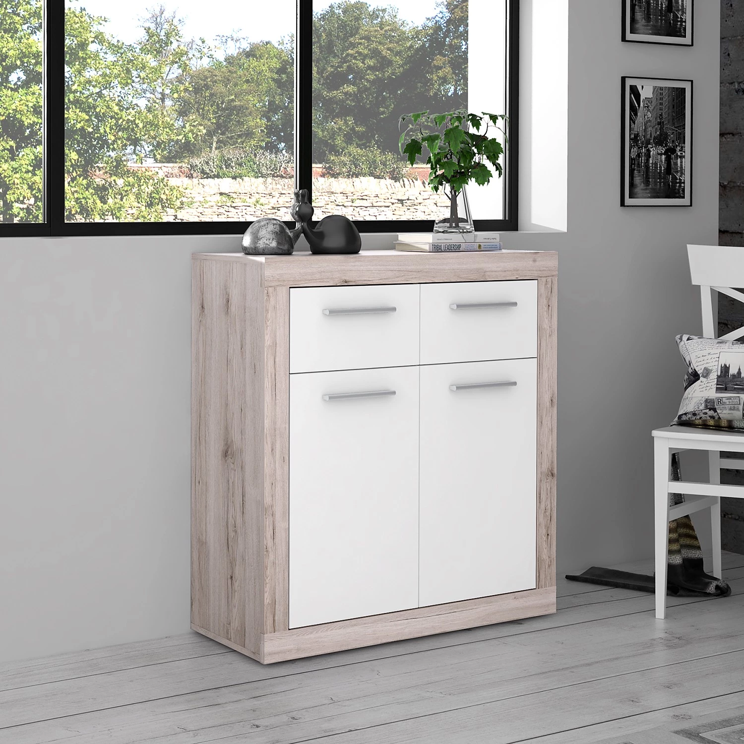 Loftscape Buffet Ballito - Blanc / Imitation chêne sable - Largeur : 83 cm 2 Loftscape Buffet Ballito - Blanc / Imitation chêne sable - Largeur : 83 cm – Image 2