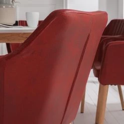 Mørteens Chaise à accoudoirs Leedy IV - Imitation cuir / Chêne massif - Rouge cerise - Lot de 2 -Meubles de salle à manger Soldes Magasin 1000313396 211208 12180500099 DETAILS P000000001000313396