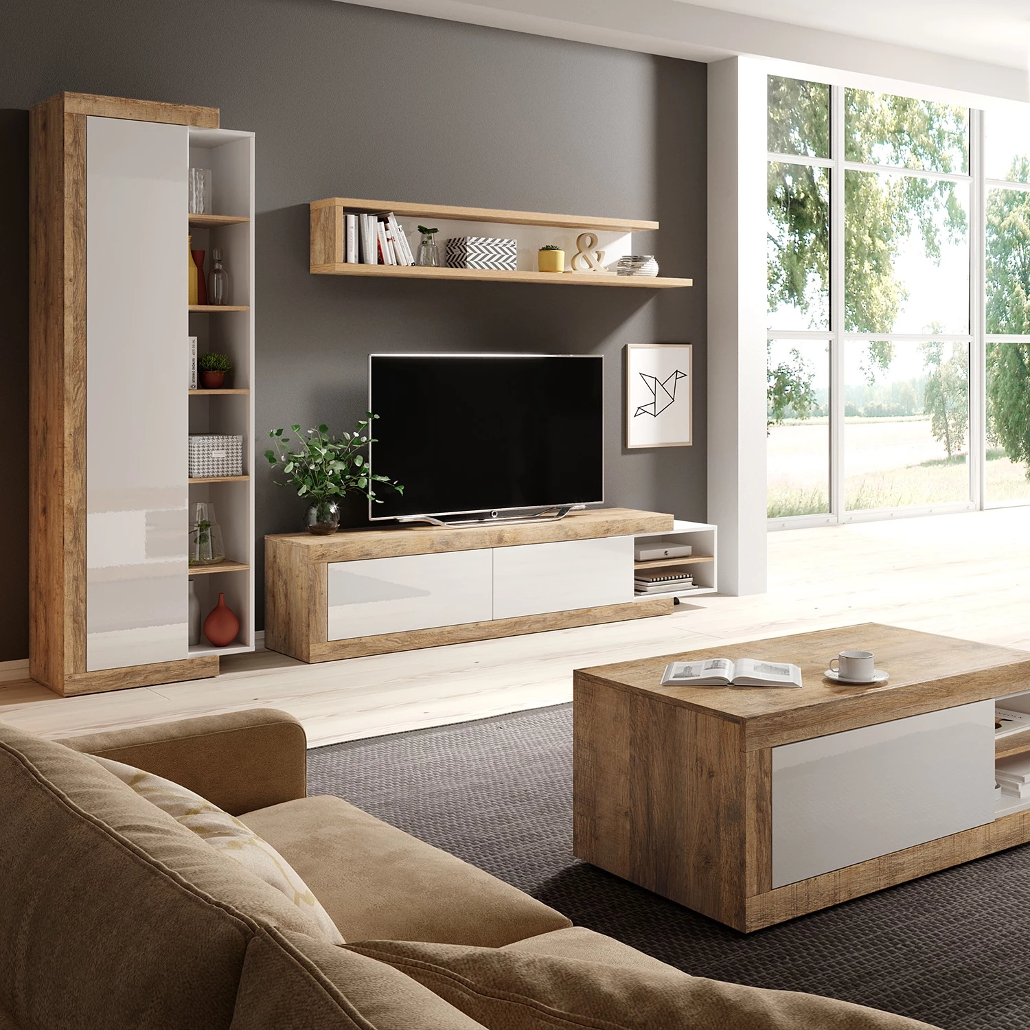 Loftscape Tablette murale Shipley - Blanc brillant / Imitation chêne 2 Loftscape Tablette murale Shipley - Blanc brillant / Imitation chêne – Image 2