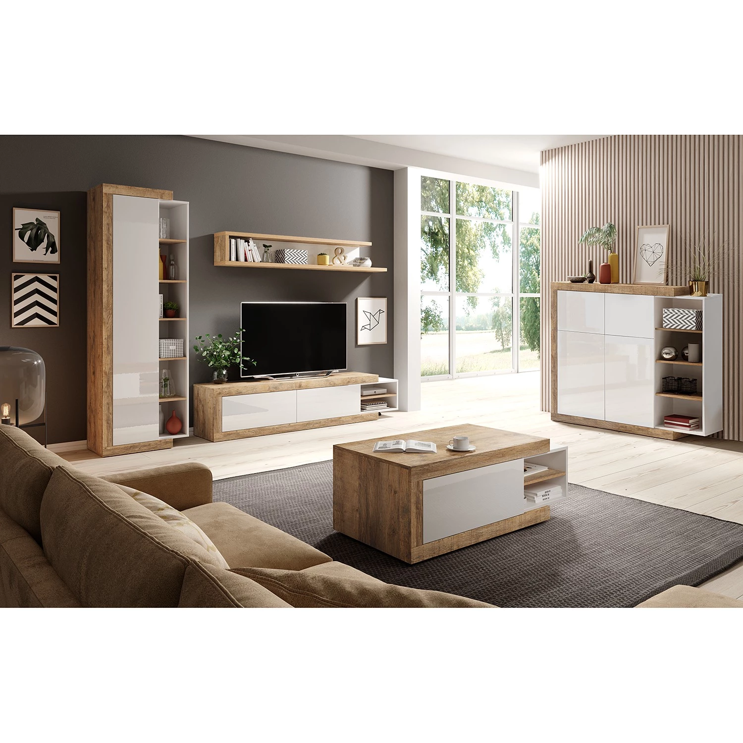 Loftscape Buffet Shipley - Blanc brillant / Imitation chêne 2 Loftscape Buffet Shipley - Blanc brillant / Imitation chêne – Image 2