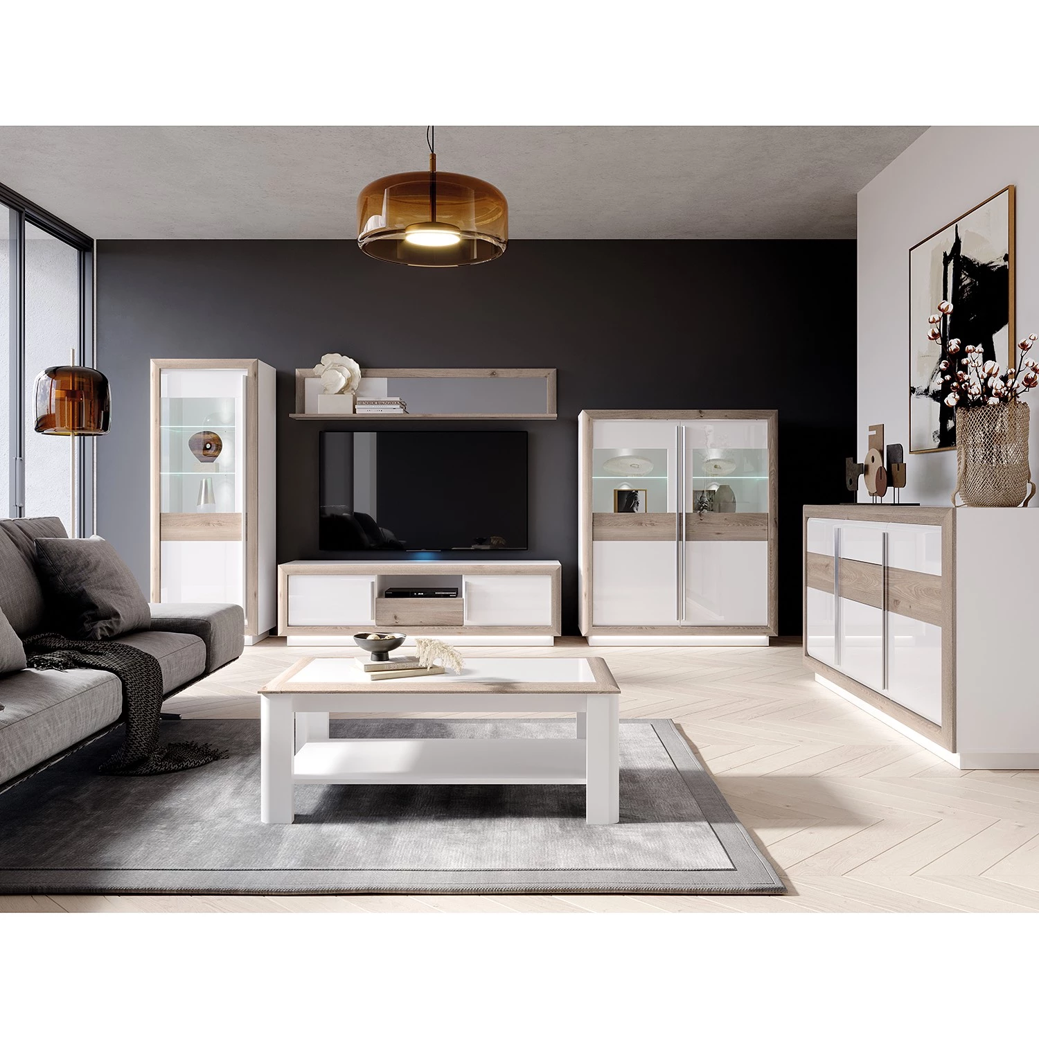 Loftscape Vitrine Wilander - Éclairage inclus - Blanc brillant / Imitation chêne Nelson 3 Loftscape Vitrine Wilander - Éclairage inclus - Blanc brillant / Imitation chêne Nelson – Image 3