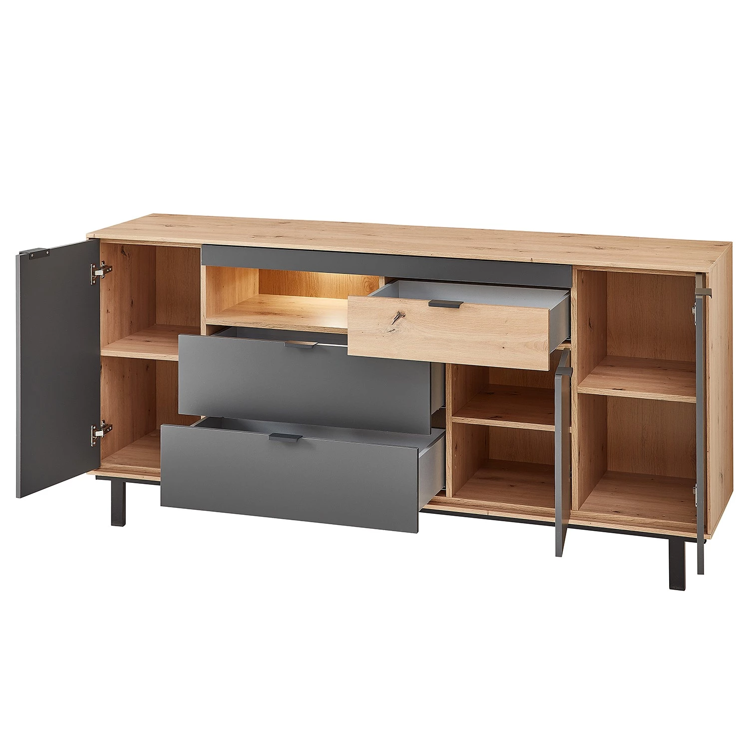 Fashion For Home Buffet Leox - Avec éclairage inclus - Graphite / Imitation chêne artisan 3 Fashion For Home Buffet Leox - Avec éclairage inclus - Graphite / Imitation chêne artisan – Image 3