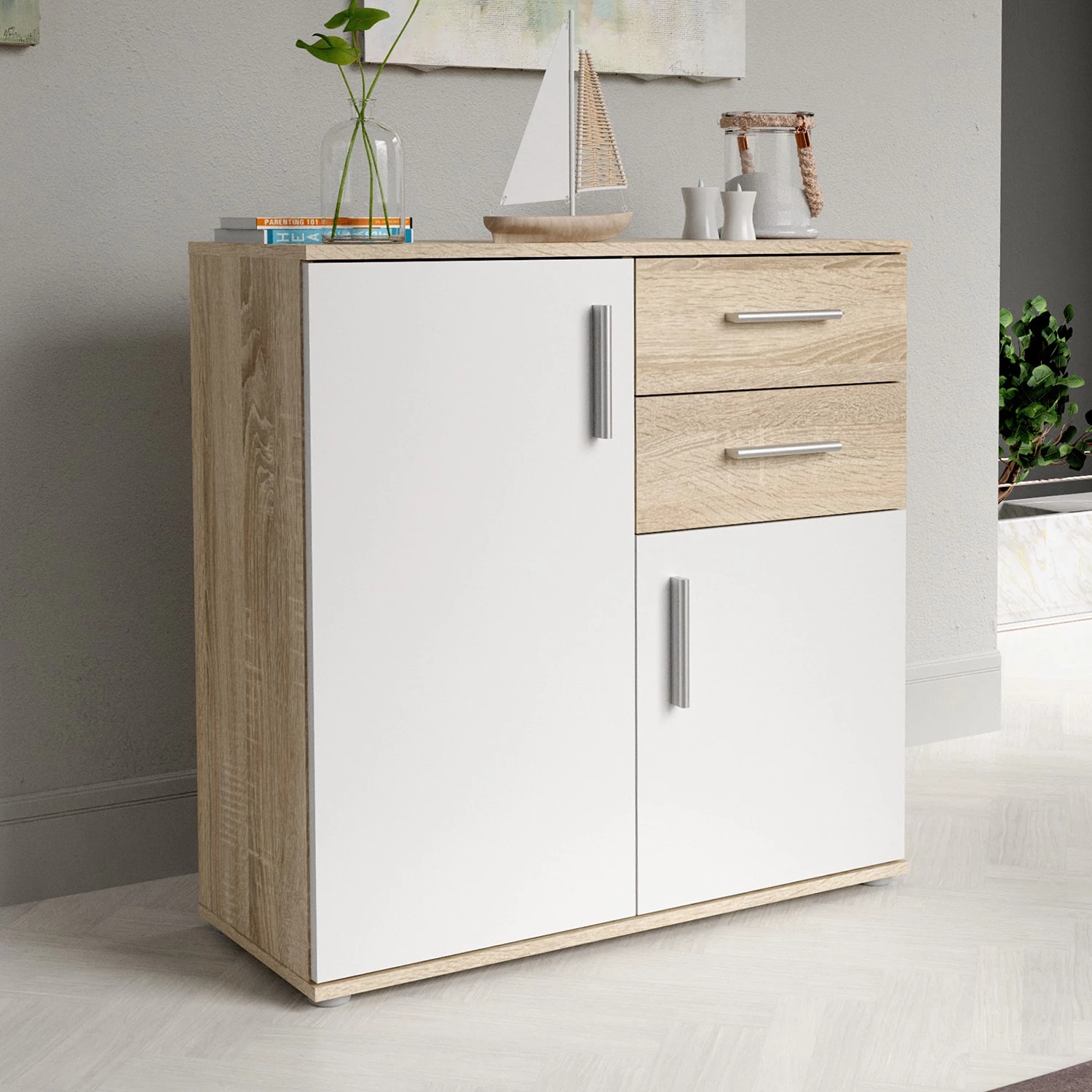 Loftscape Buffet Kiltealy I - Blanc / Imitation chêne Sonoma 2 Loftscape Buffet Kiltealy I - Blanc / Imitation chêne Sonoma – Image 2