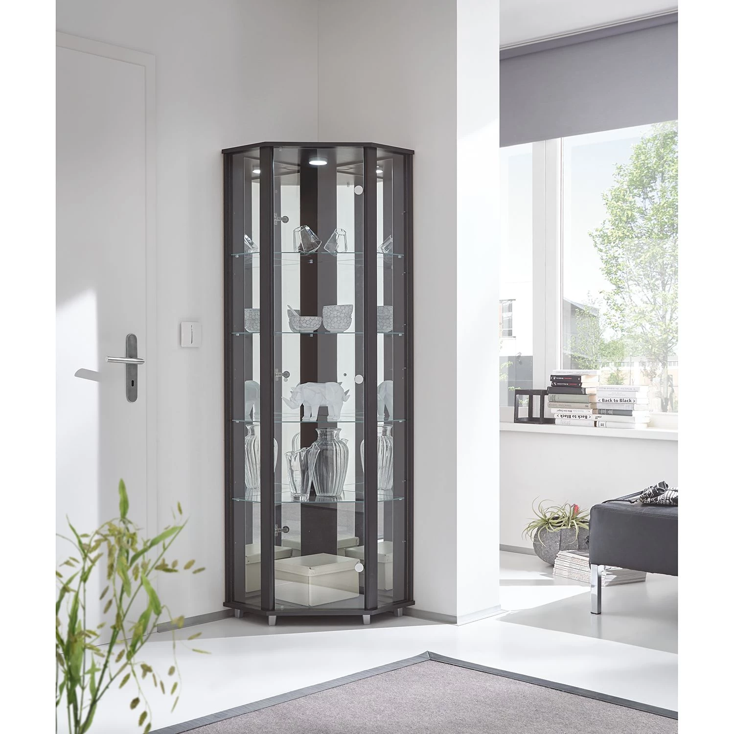 Fredriks Vitrine d'angle Amalia I - Éclairage inclus - Imitation hêtre - Noir 2 Fredriks Vitrine d'angle Amalia I - Éclairage inclus - Imitation hêtre - Noir – Image 2