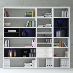 Loftscape Etagère XL Emporior l.B - Blanc brillant / Noir - Avec éclairage -Meubles de salle à manger Soldes Magasin xl regalwand emporior i b mit beleuchtung hochglanz weiss schwarz 2217374