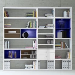 Loftscape Etagère XL Emporior l.B - Blanc brillant / Imitation chêne de Sonoma - Avec éclairage -Meubles de salle à manger Soldes Magasin xl regalwand emporior i b rgb led beleuchtung hochglanz weiss eiche sonoma dekor 3396549